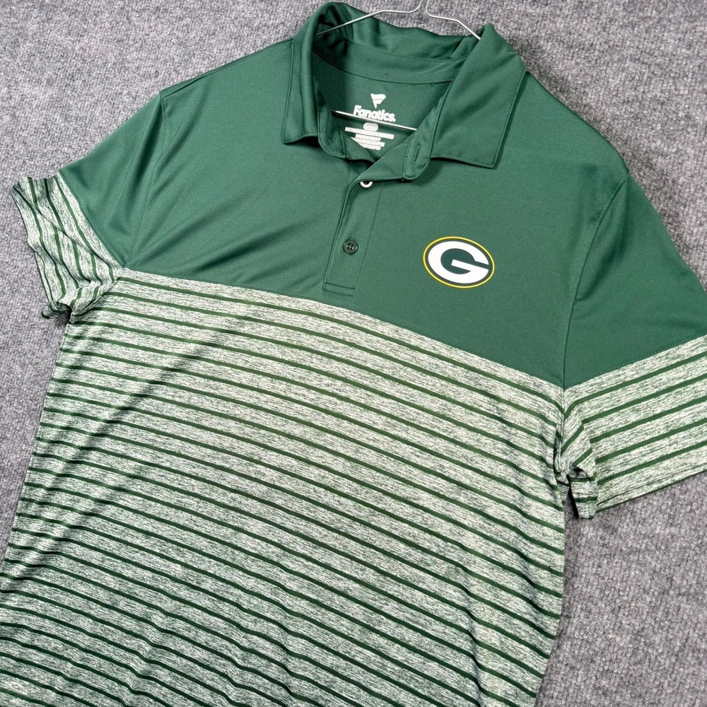 Green Bay Packers NFL Fanatics Polo Shirt Mens Large Green Striped Performance